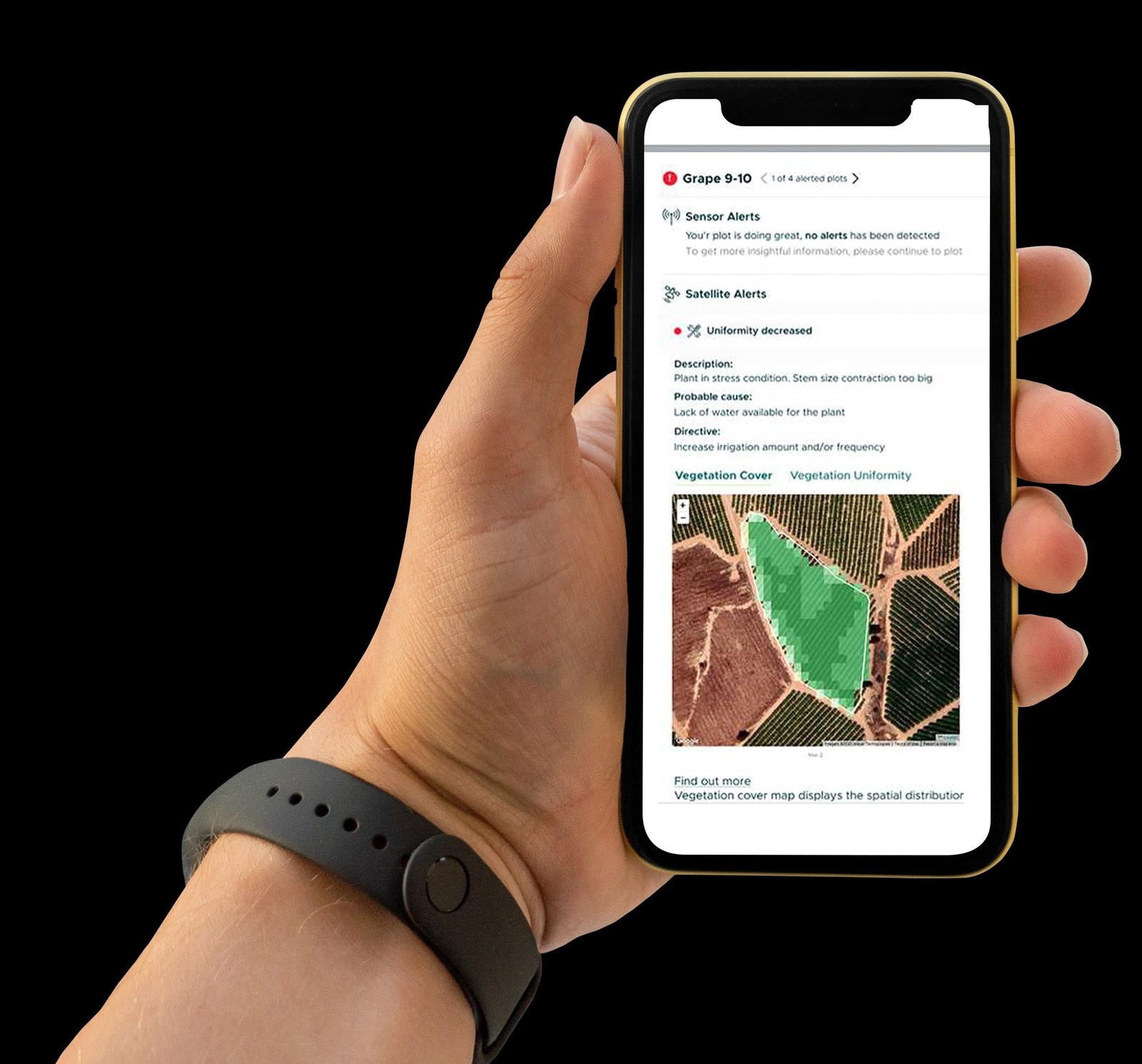 Mobile interface displaying satellite alerts and environmental monitoring information