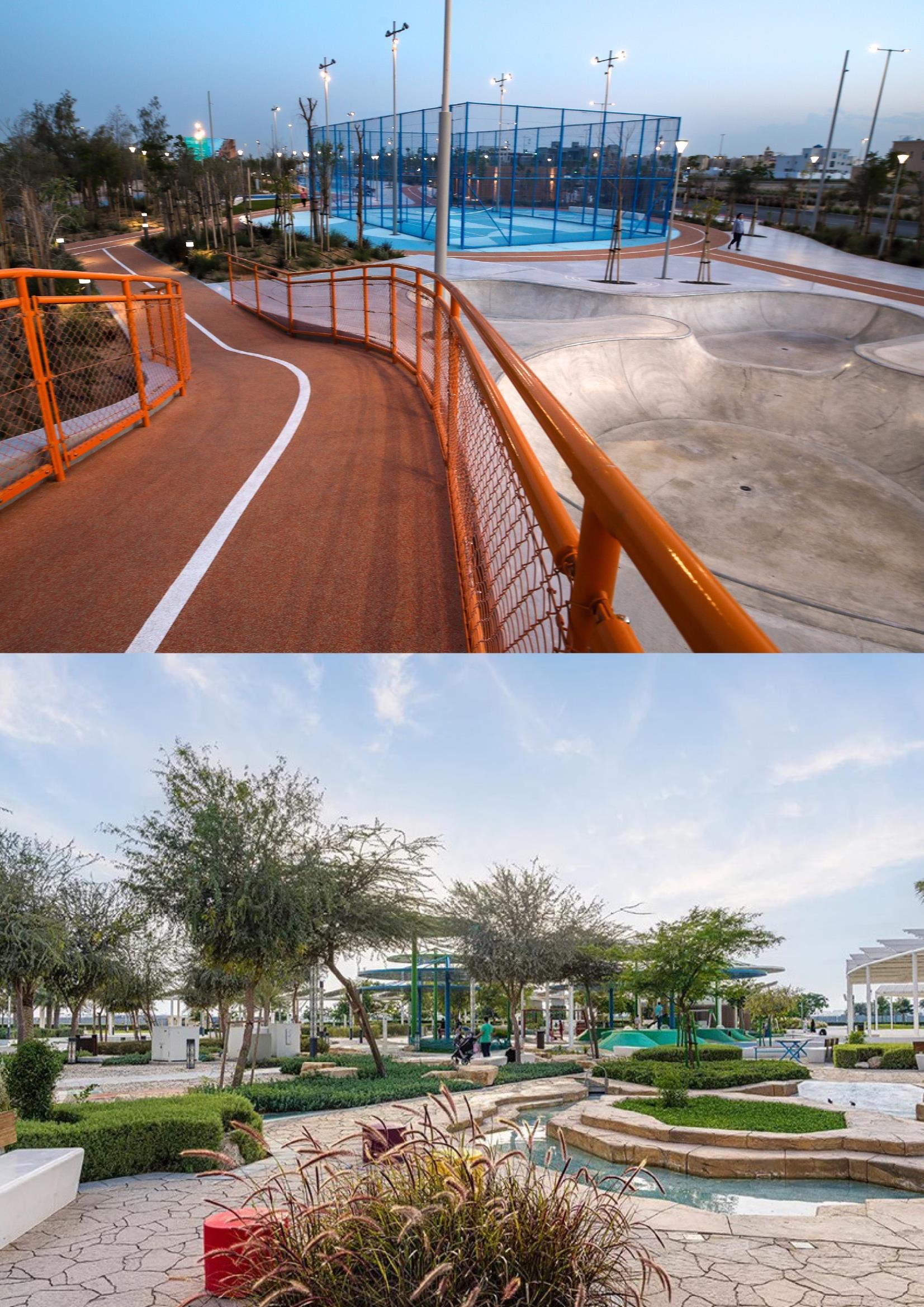 Sports and landscaped public-realm areas at Masdar City Park